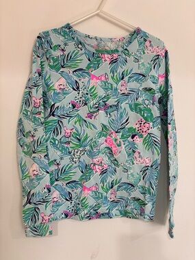 Lilly Pulitzer Girls Size 8, Light Blue Tropical & Pink Animal Print Top